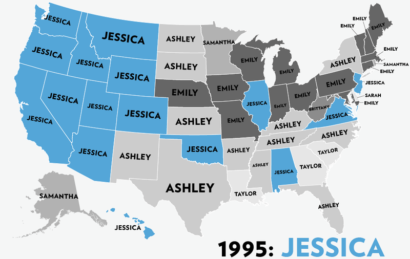 Illustration for article titled Map: Six Decades of the Most Popular Names for Girls, State-by-State